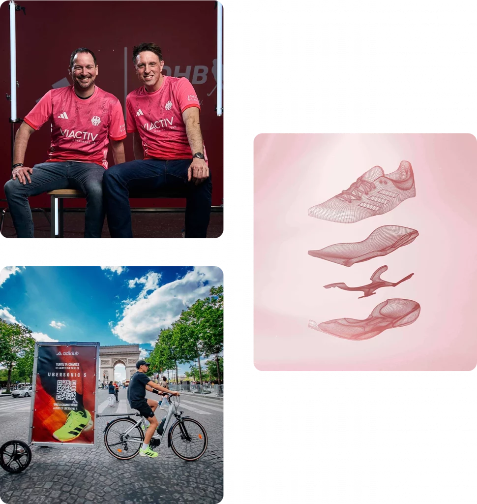Drei Marketing-Szenen: Zwei Männer in Sponsoring-Trikots, technische Produktvisualisierung eines adidas Laufschuhs und Outdoor-Kampagnenaktivierung am Arc de Triomphe in Paris