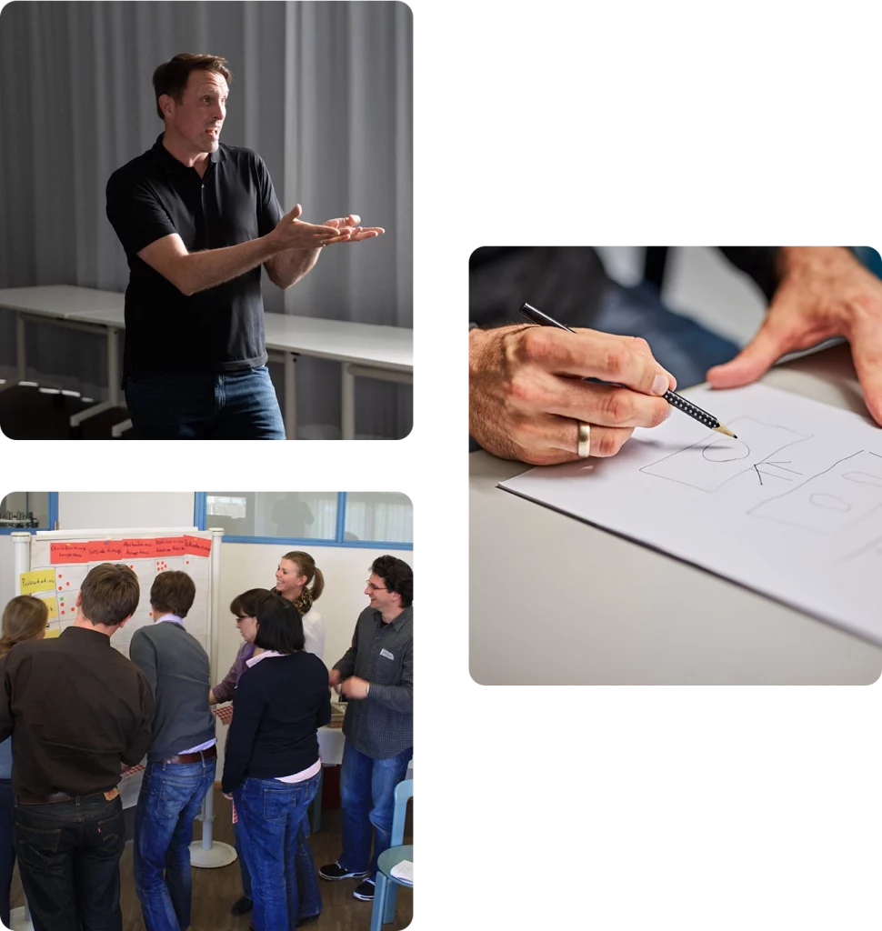 Drei Workshop-Szenen: Trainer bei der Moderation, Gruppe an der Pinnwand und Person beim Skizzieren von Ideen – Workshops von Dr. Martin Gebhardt